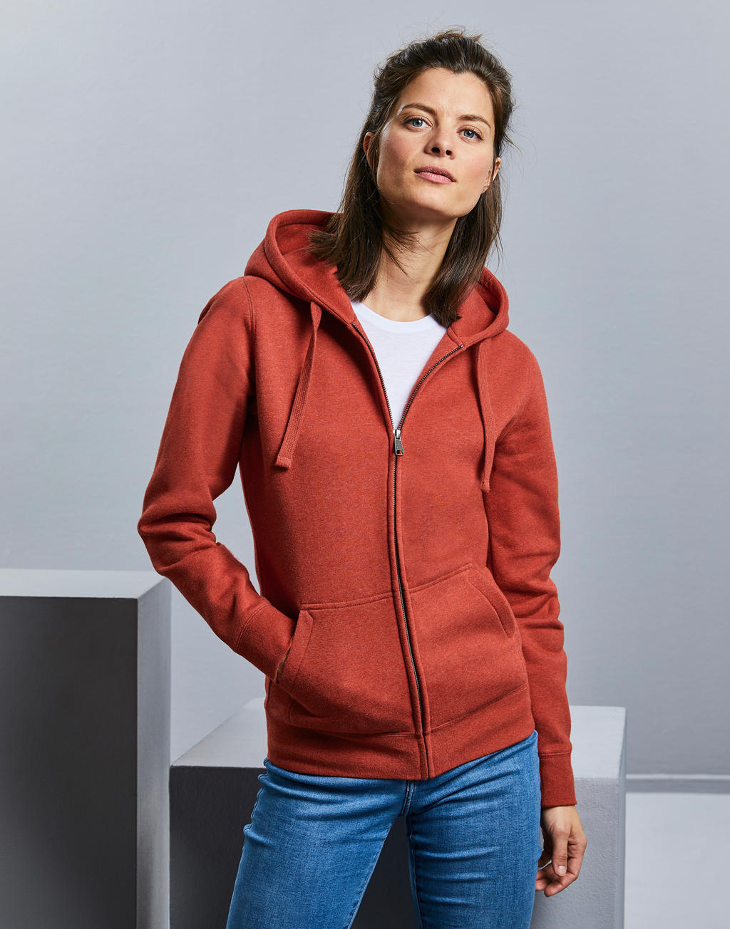 Ladies' Authentic Melange Zipped Hood Sweat in Farbe Carbon Melange