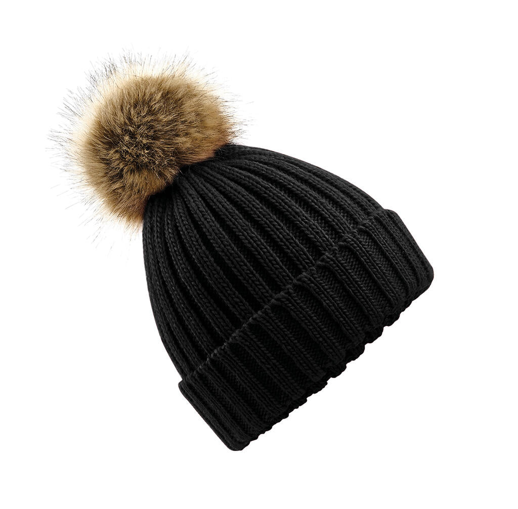 Fur Pop Pom Chunky Beanie in Farbe Black