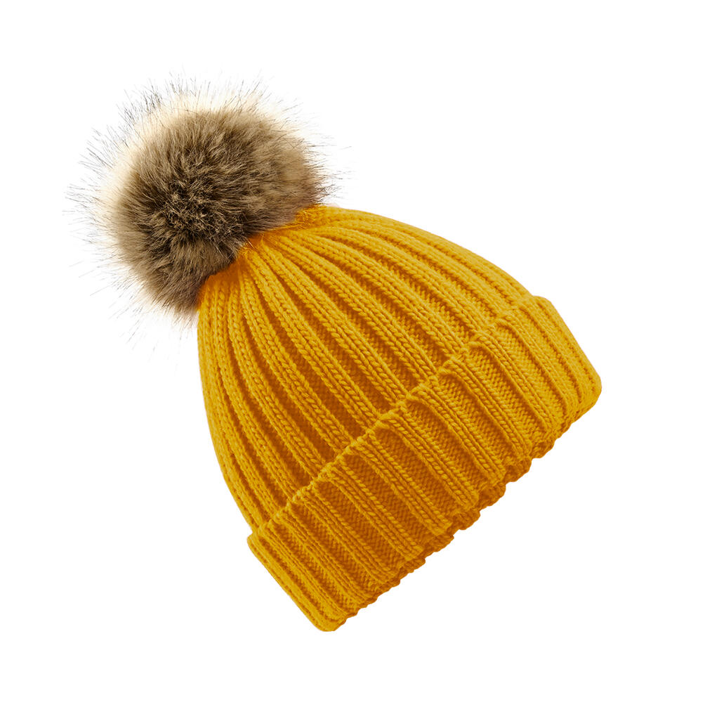 Fur Pop Pom Chunky Beanie in Farbe Mustard