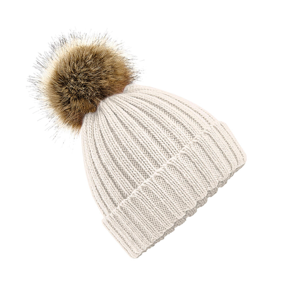 Fur Pop Pom Chunky Beanie in Farbe Oatmeal
