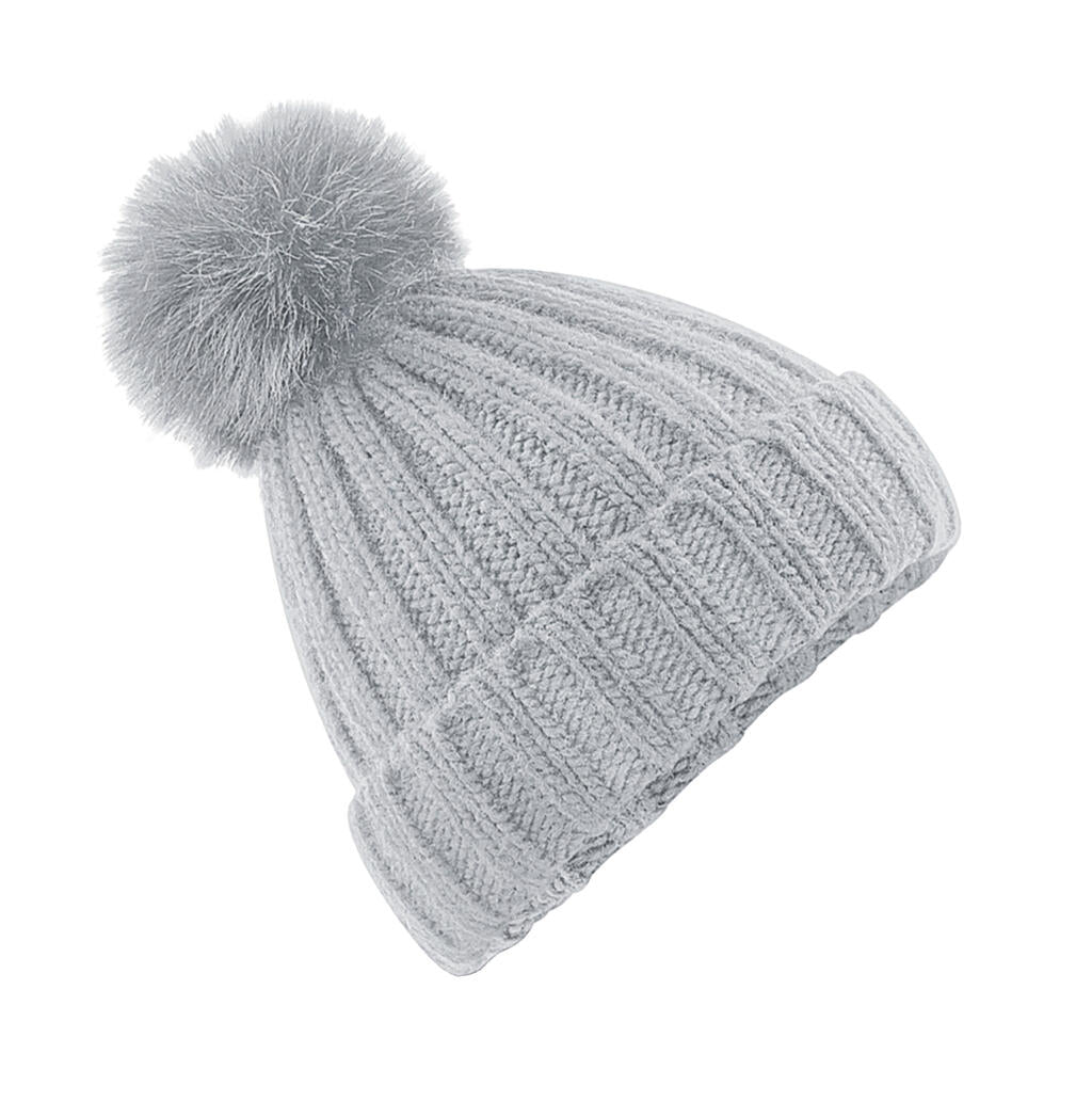 Verbier Fur Pop Pom Chunky Beanie in Farbe Light Grey