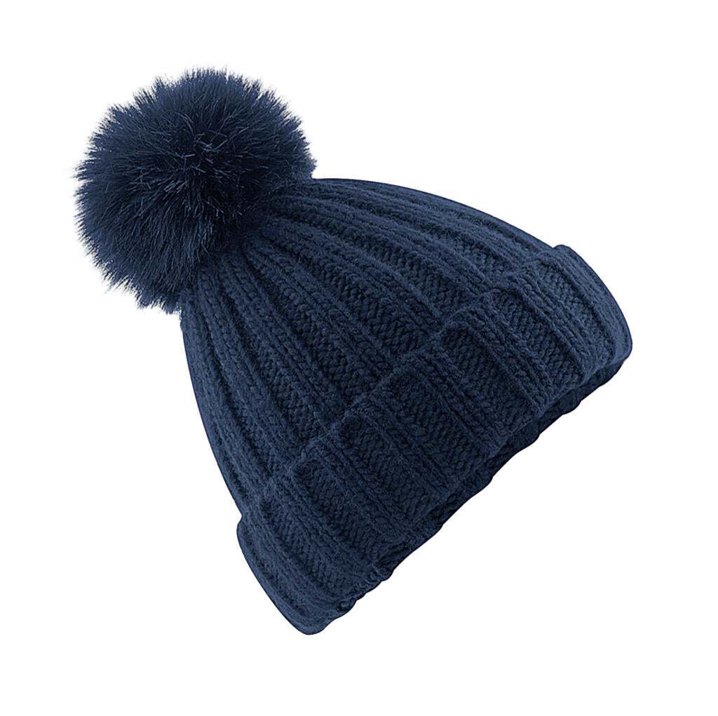 Verbier Fur Pop Pom Chunky Beanie in Farbe Navy