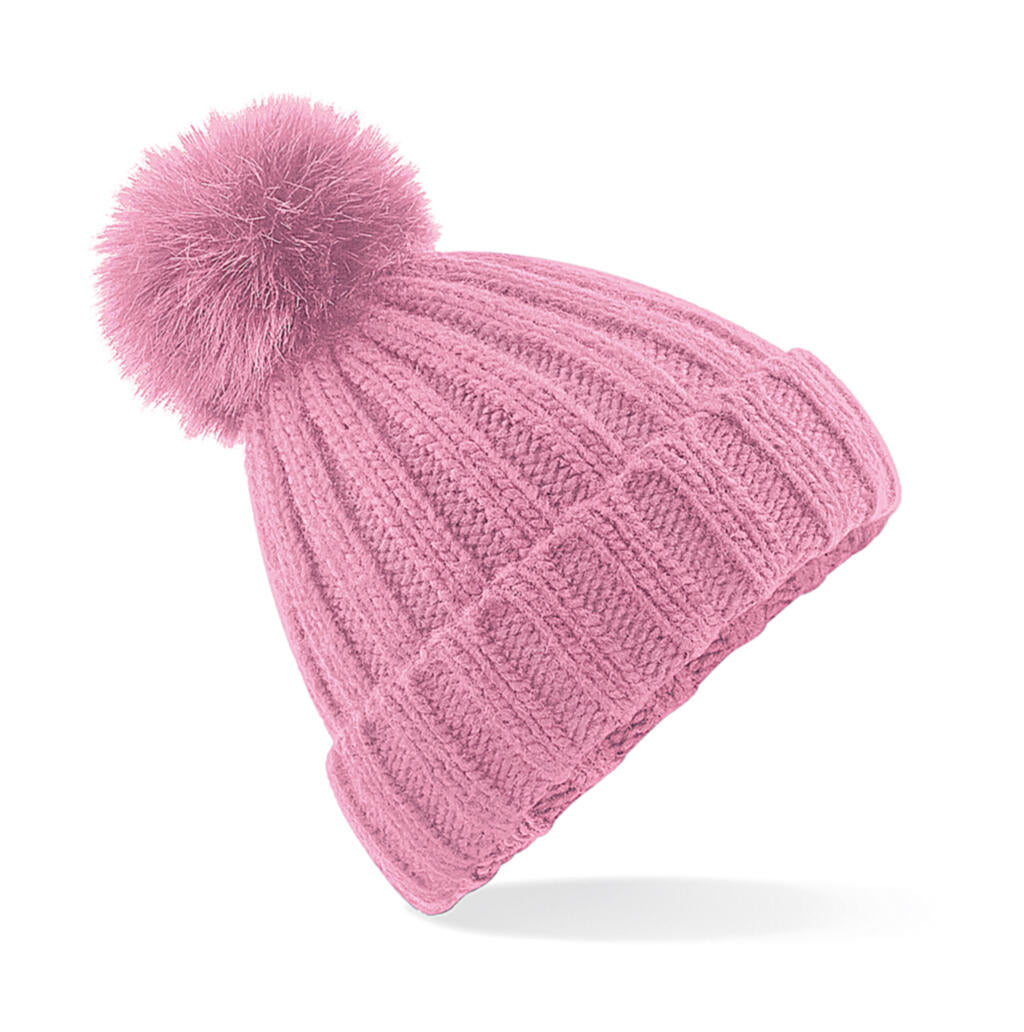 Verbier Fur Pop Pom Chunky Beanie in Farbe Dusky Pink
