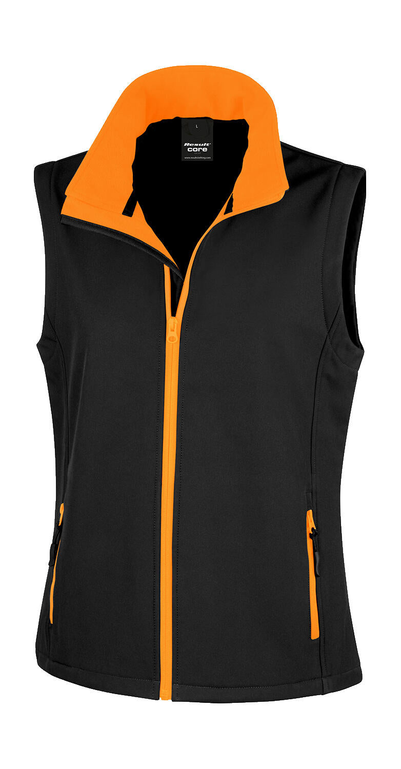 Women's Printable Softshell Bodywarmer in Farbe Black/Orange