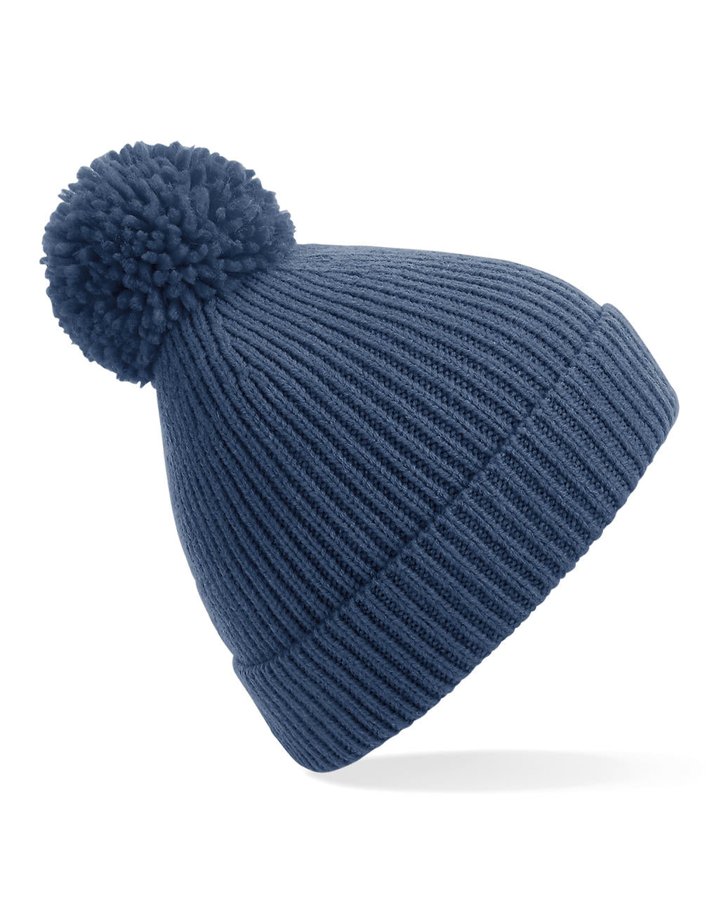 Engineered Knit Ribbed Pom Pom Beanie in Farbe White