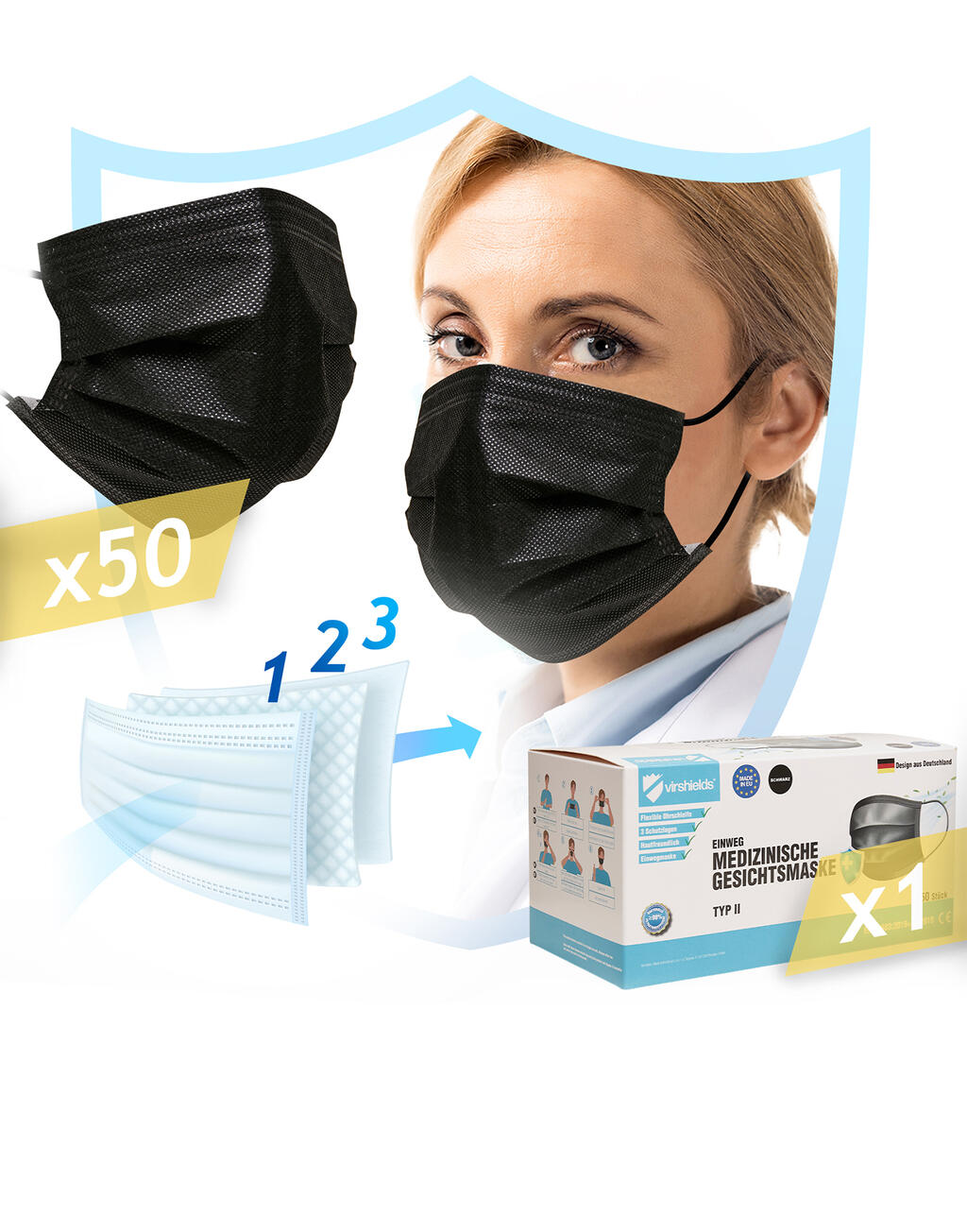 Medical face mask 3-ply in Farbe Black
