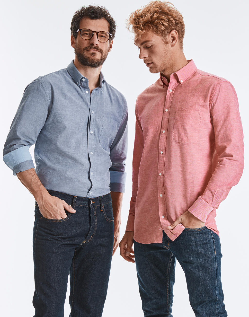  Men's LS Tailored Washed Oxford Shirt in Farbe White/Oxford Blue
