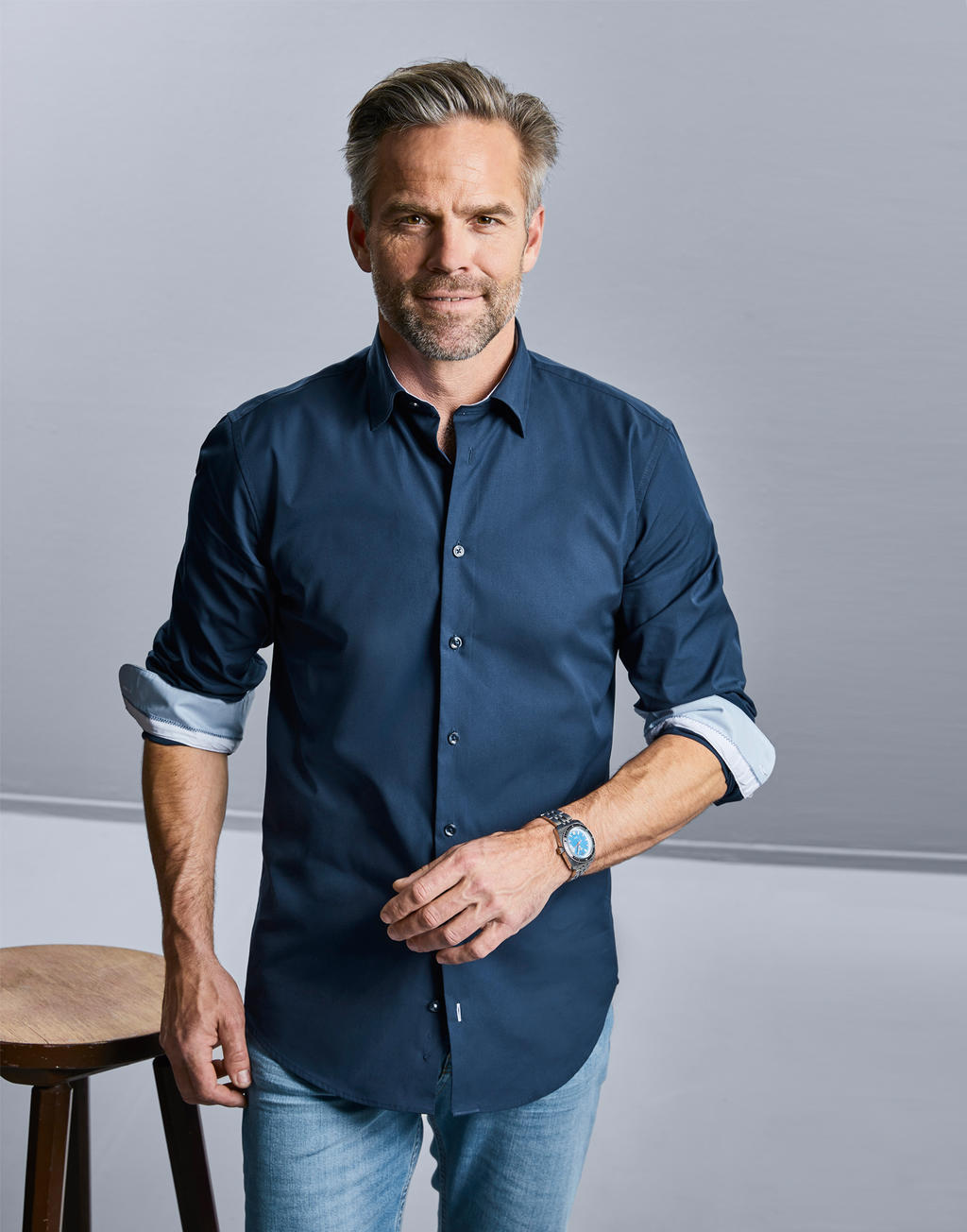  Men's LS Tailored Contrast Ultimate Stretch Shirt in Farbe White/Oxford Blue/Bright Navy