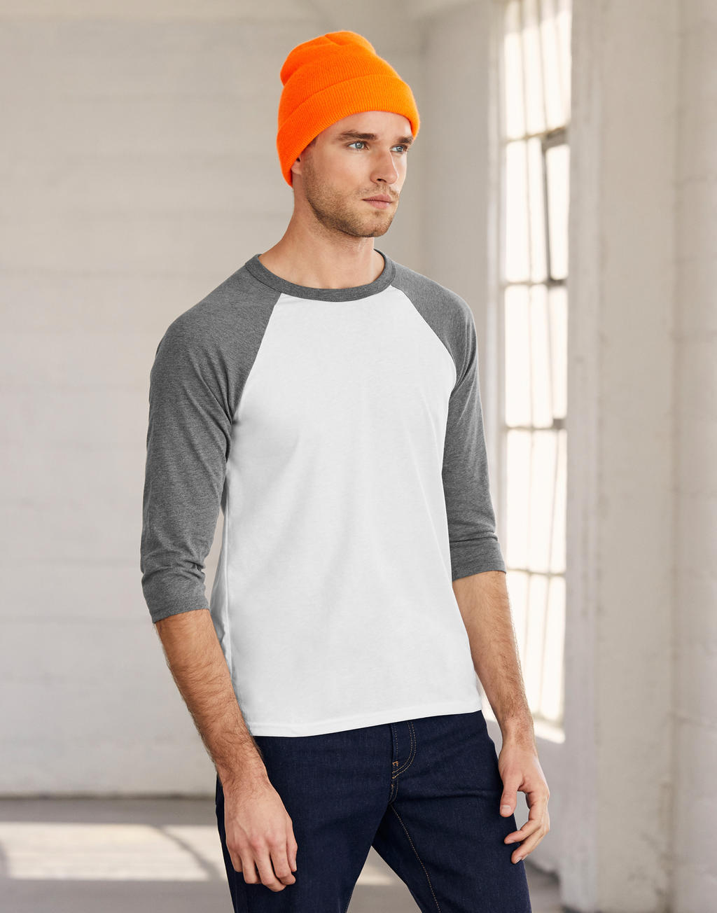  Unisex 3/4 Sleeve Baseball T-Shirt in Farbe White/Dark Grey