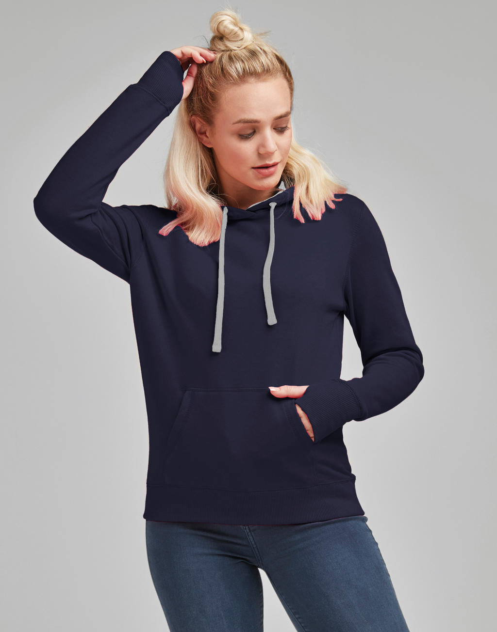  Ladies' Contrast Hoodie in Farbe Navy/Light Oxford