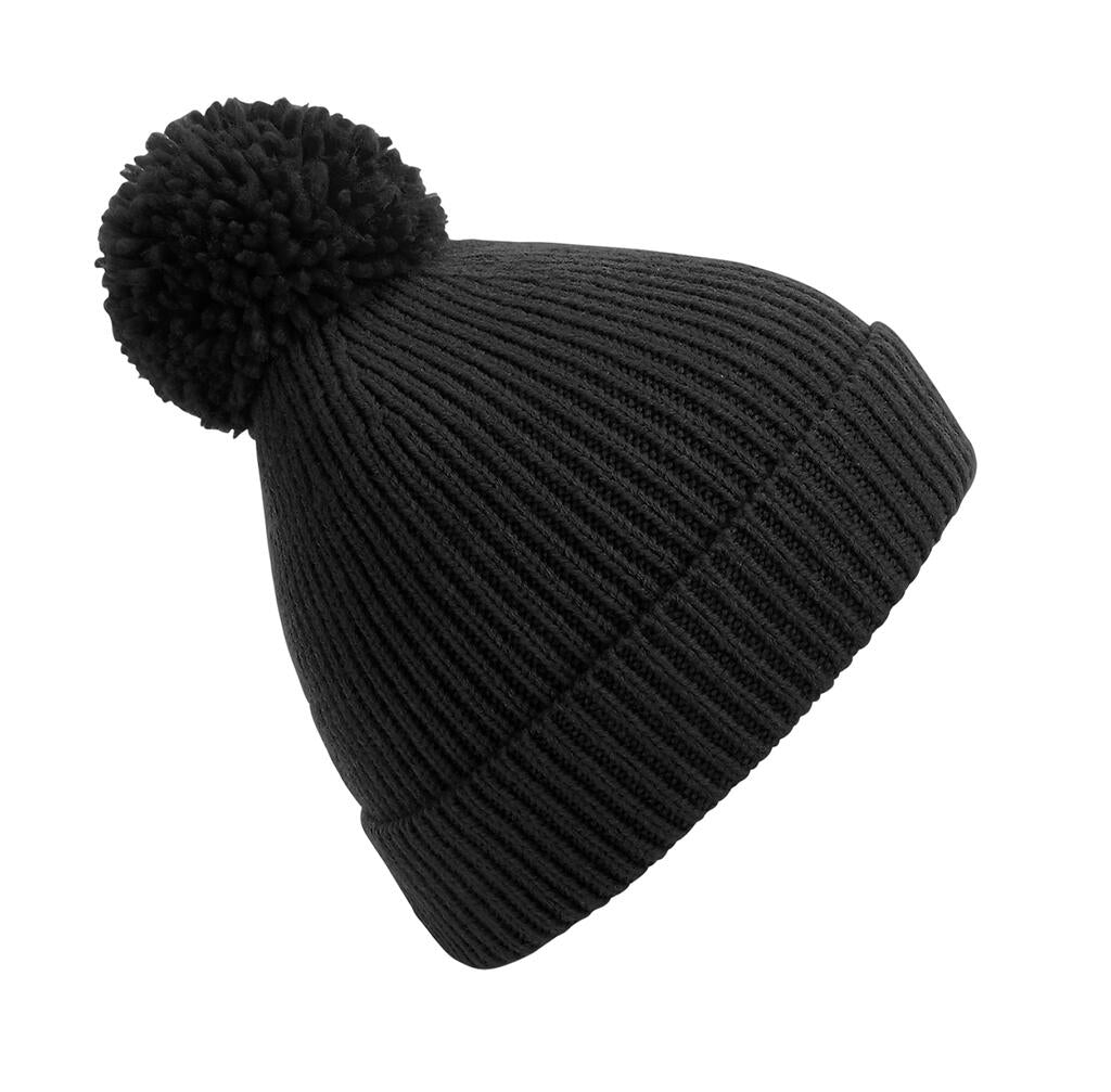  Engineered Knit Ribbed Pom Pom Beanie in Farbe Black